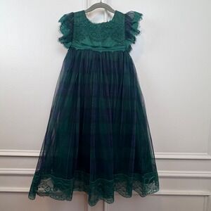 Trish Scully Child Girls Green Navy Plaid Tulle Lace Holiday Dress Size 6